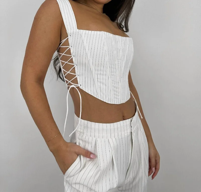 Lace Up Pinstripe Structured Corset In Ivory