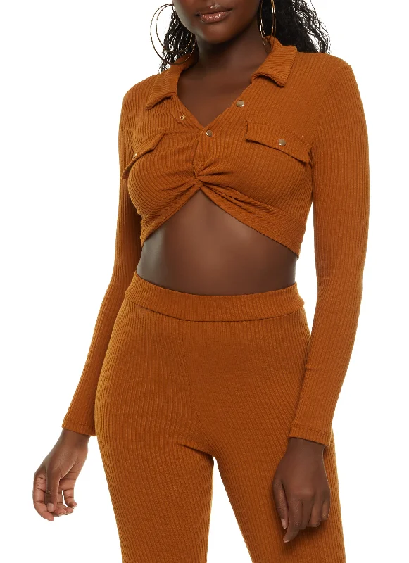 Rib Knit Collared Twist Front Crop Top