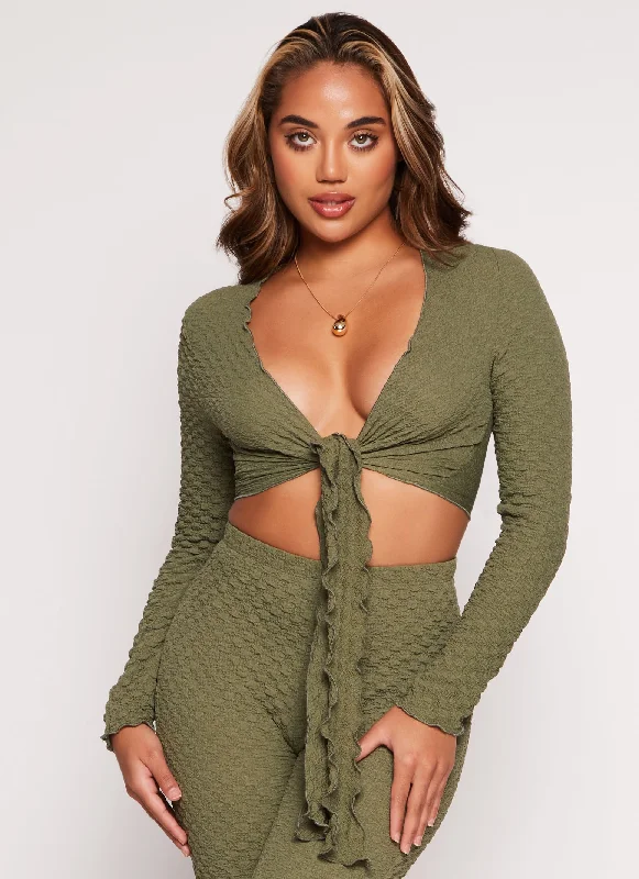 Textured Knit Long Sleeve Tie Front Crop Top