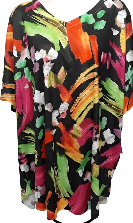 Jess&Jane 60-1674 Blossom Black/Multi Color Pullover V Neck 1/4 Sleeve Women's