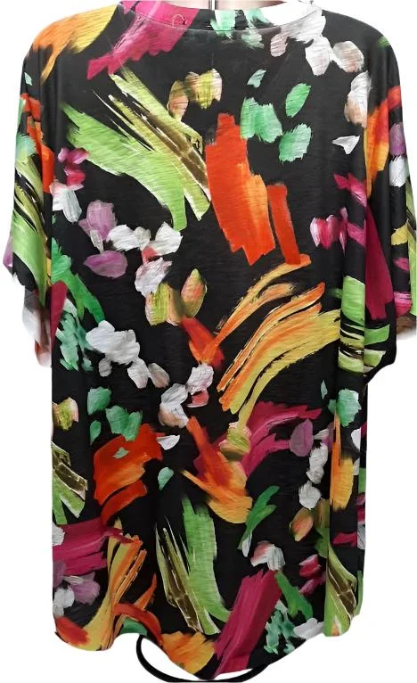 Jess&Jane 60-1674 Blossom Black/Multi Color Pullover V Neck 1/4 Sleeve Women's