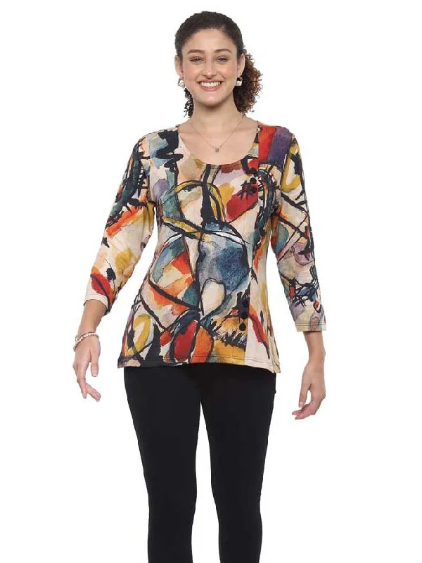 Shirt Poloma Top 3/4 Sleeve Pullover Multi Colored  Women's 24W251C14