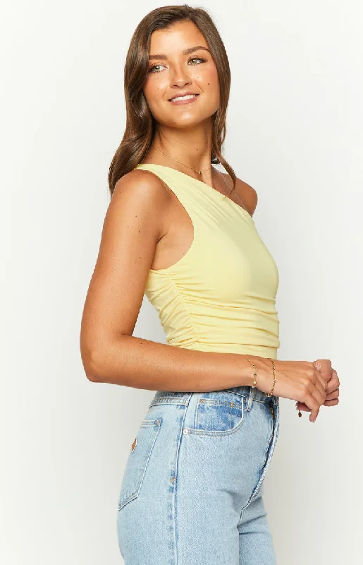 Limelight Drift Yellow Draped Off Shoulder Crop Top