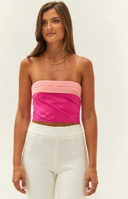 Milly Pink Satin Strapless Crop Top