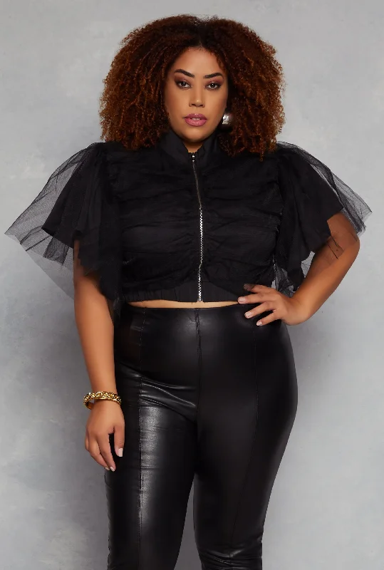 Plus Size Zip Front Tulle Sleeve Cropped Jacket