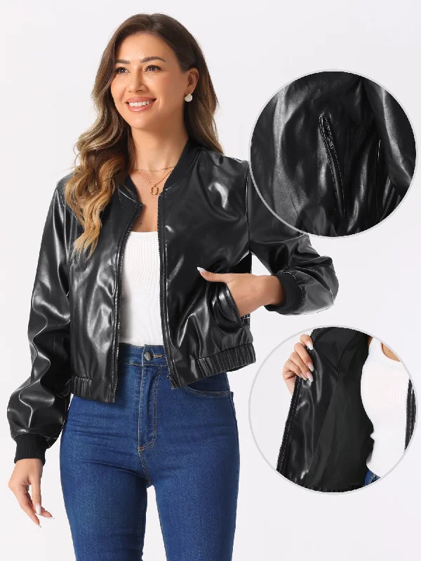 PU Faux Leather Zip Up Cropped Moto Biker Bomber Jacket