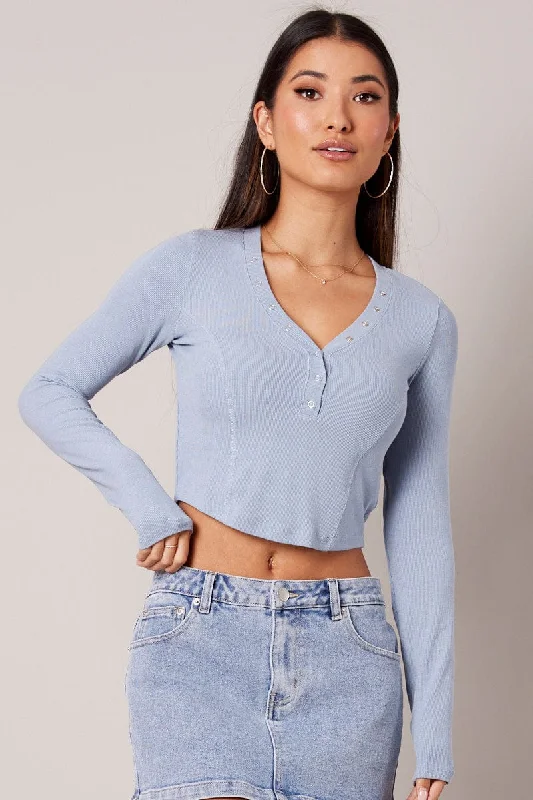 Blue V Neck Top Long Sleeve Button Front