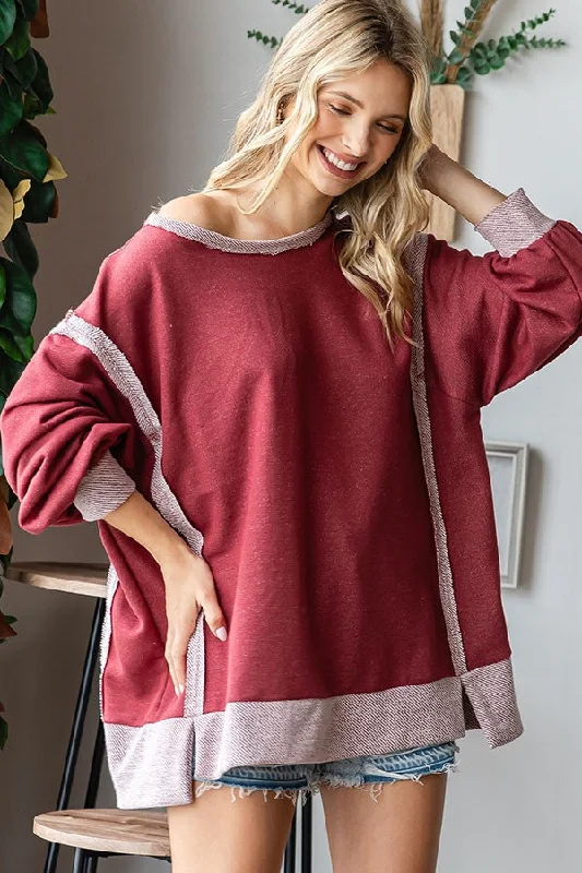 Burgundy Two Tone Oversized Long Sleeve Top