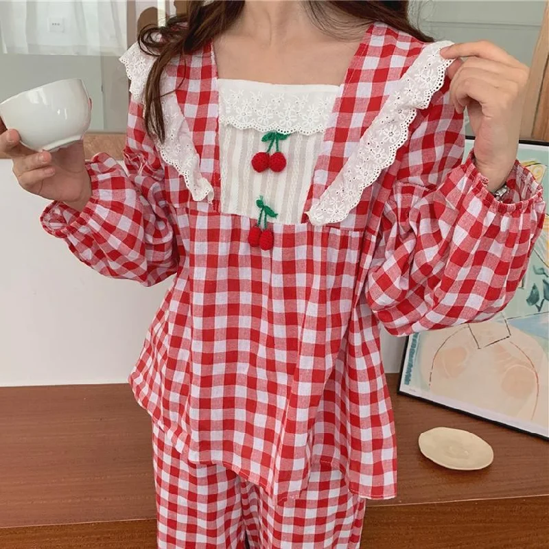 Cherry Lace Ruffles Plaid Long Sleeved Pajama