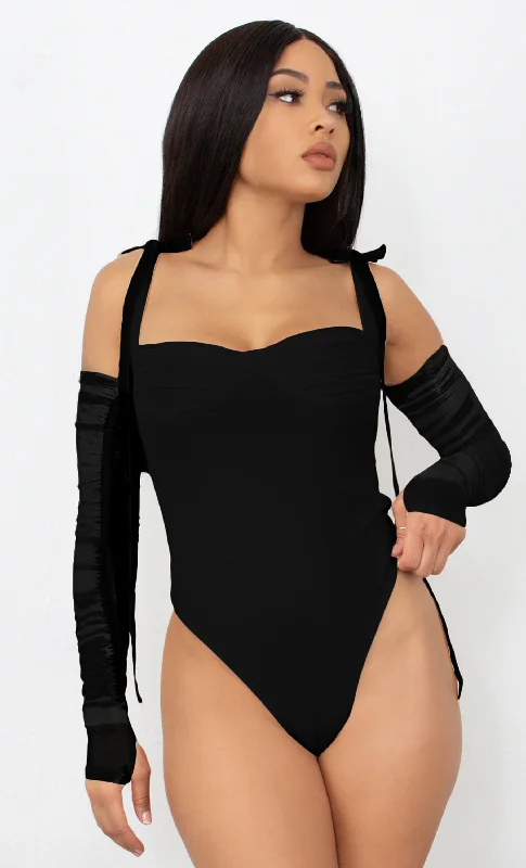 Move Fast Black Sheer Mesh Detachable Long Sleeve Velvet Bow Strap Sweetheart Neckline Ruched Bodysuit Top