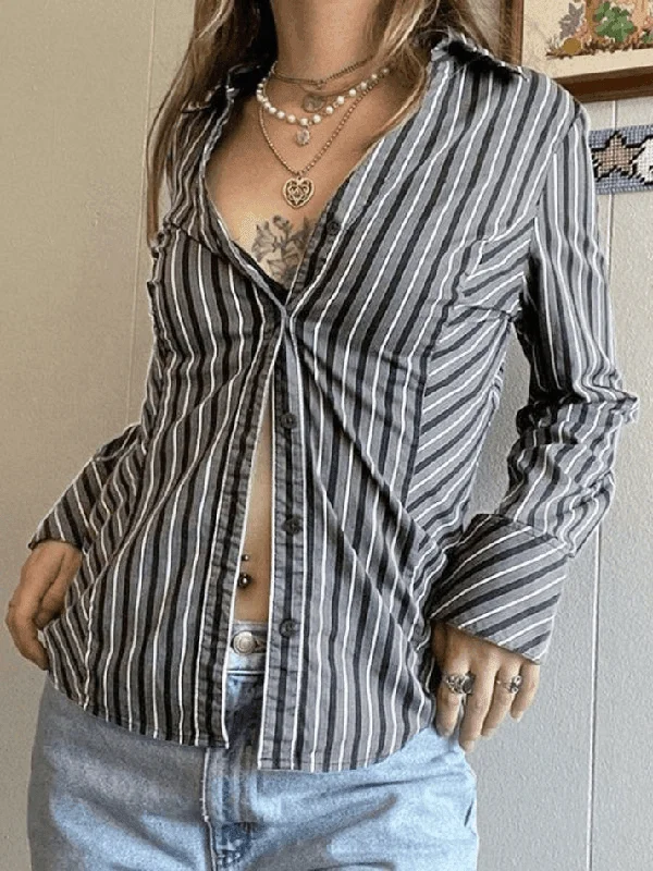 Striped Long Sleeve Button Blouse